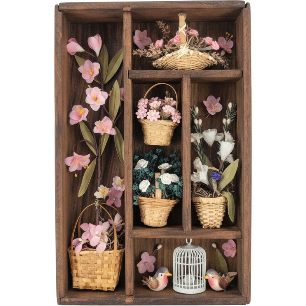 Vintage Shadow Box Wall Art Brown Floral Bird Miniature Diorama Display Case